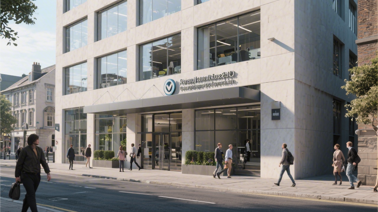 Street view of a professional office building in Dublin with modern signage and pedestrians, representing a realistic city campus location for design training.