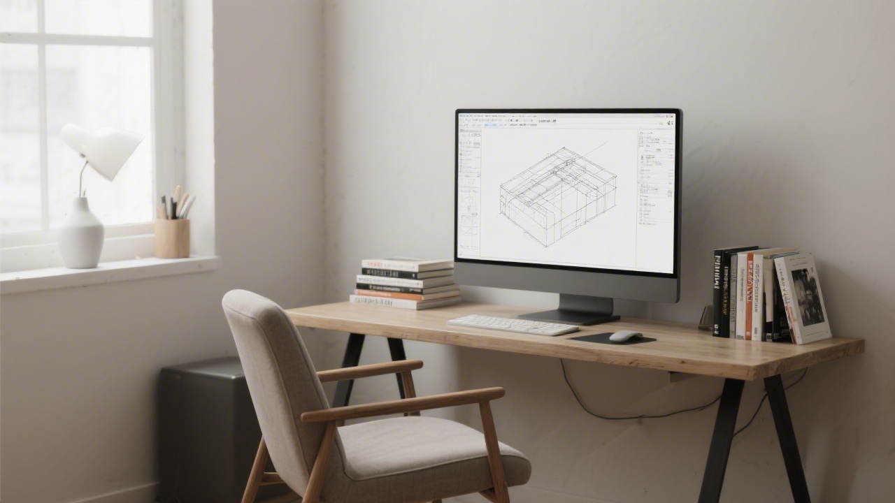 Quiet studio corner with design books, a large monitor showing a wireframe, and a comfortable chair, representing a calm space for focused interface work.