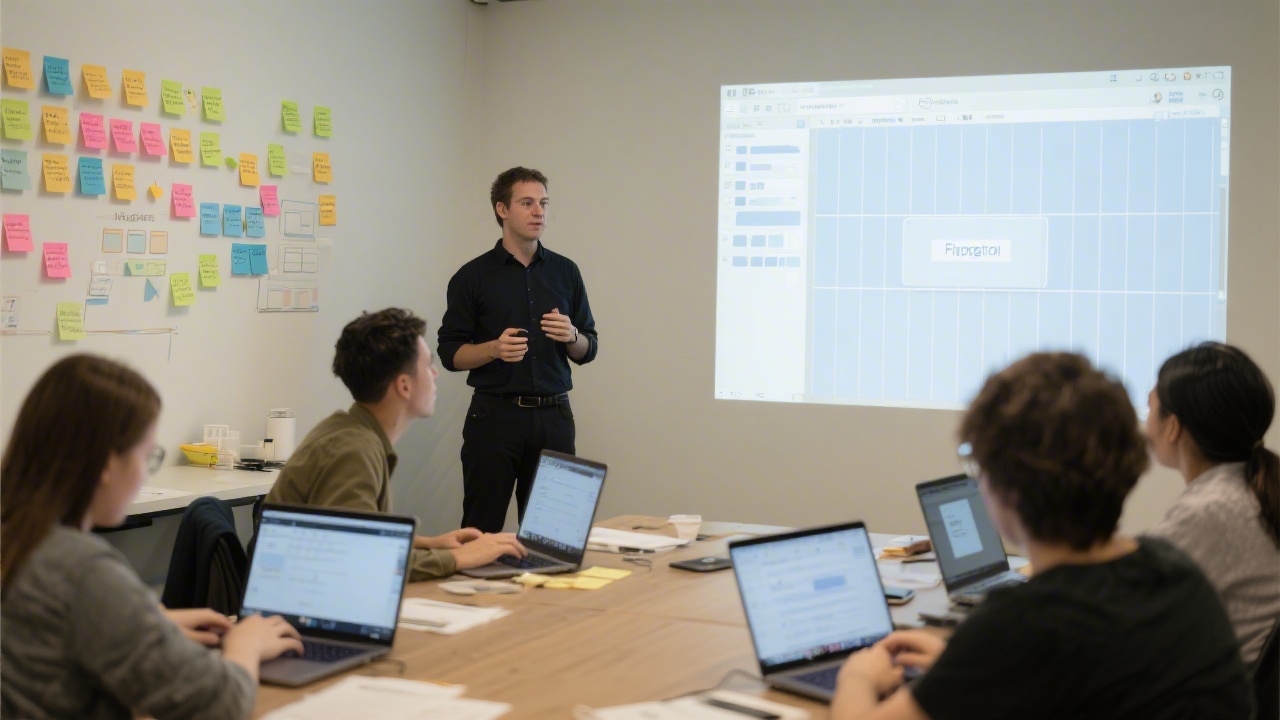 Instructor-led workshop where learners work on laptops with Figma open, sticky notes on the wall, and a projected interface showing components and layout grids.