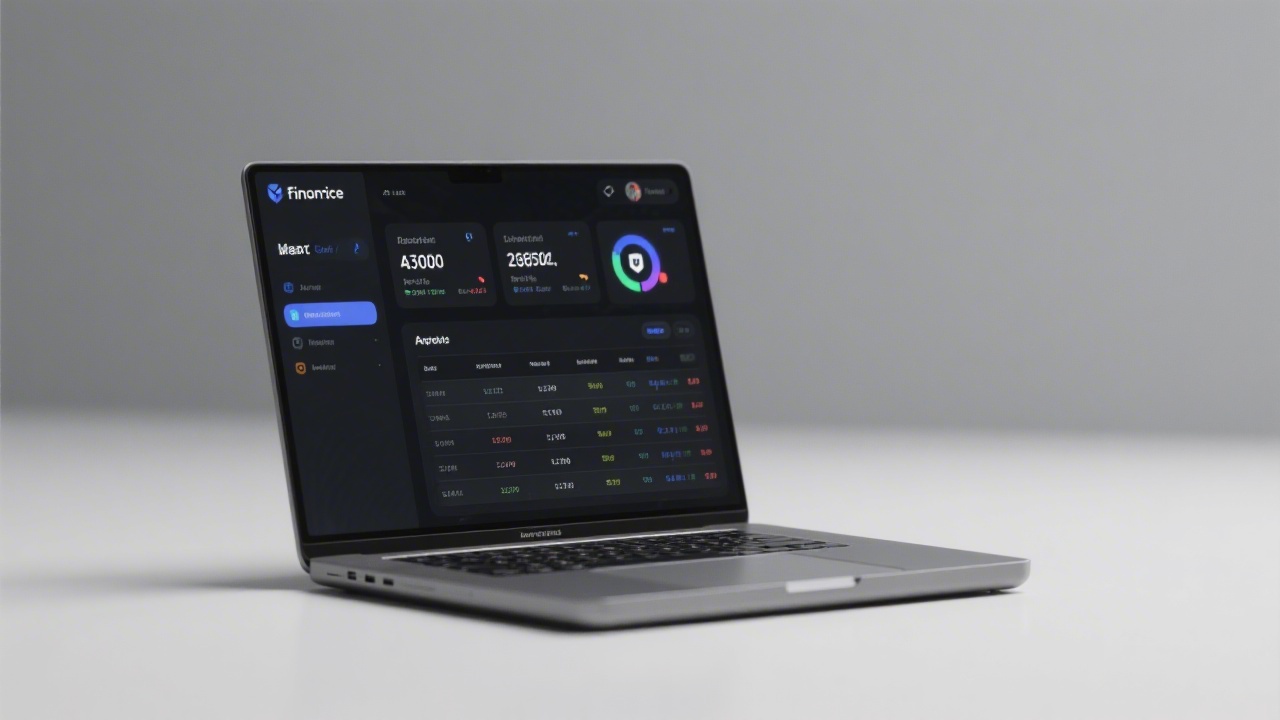 High-fidelity fintech dashboard mockup with account balances, transaction table, and security indicators, displayed on a laptop with neutral lighting in a studio.