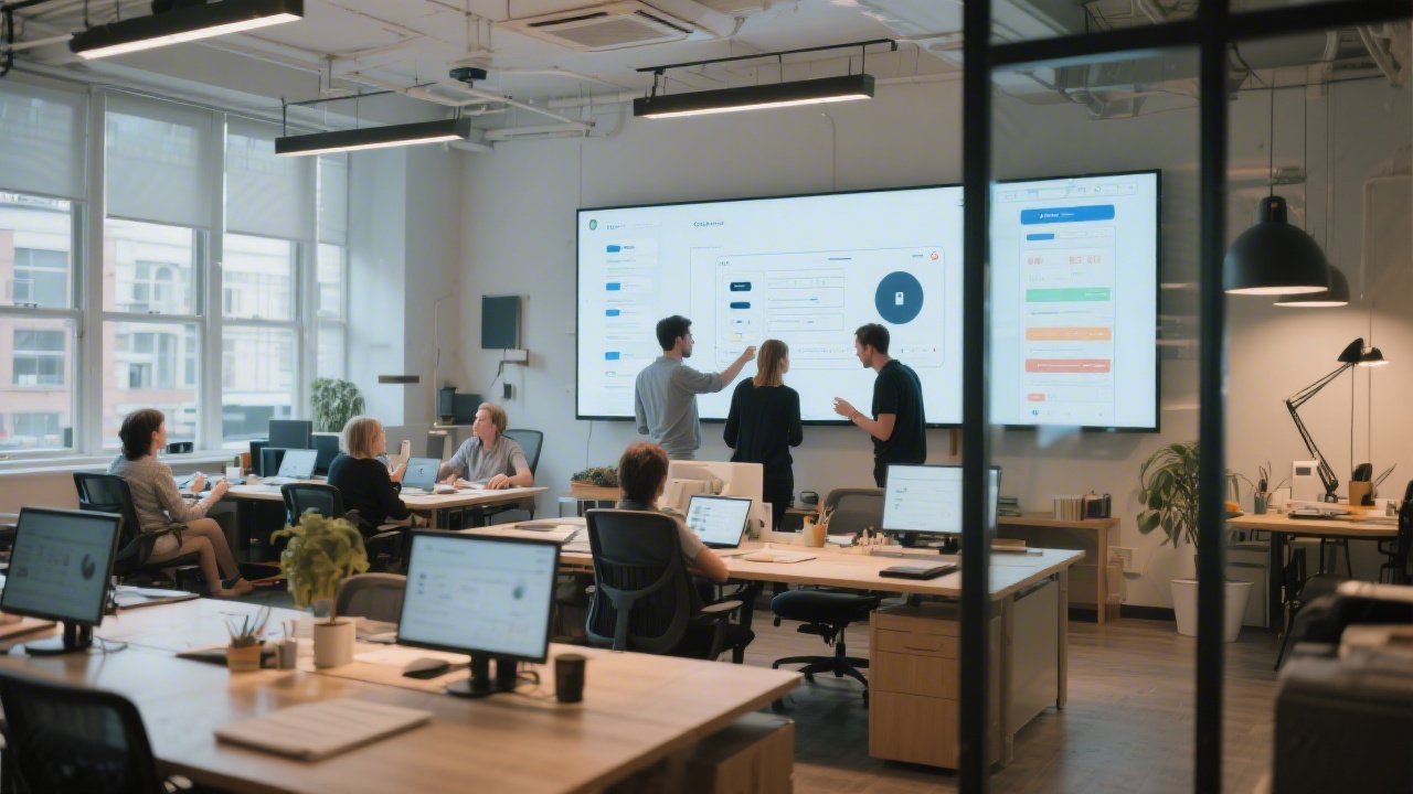 Wide view of a modern Dublin creative studio with designers reviewing UI mockups on large screens, open desks, and soft lighting creating a professional learning atmosphere.