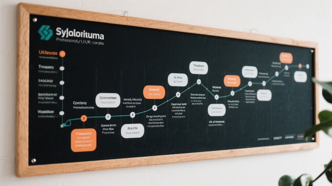Detailed syllabus timeline graphic on a wall-mounted board showing weekly modules, milestones, and project checkpoints used in a professional UI/UX course.