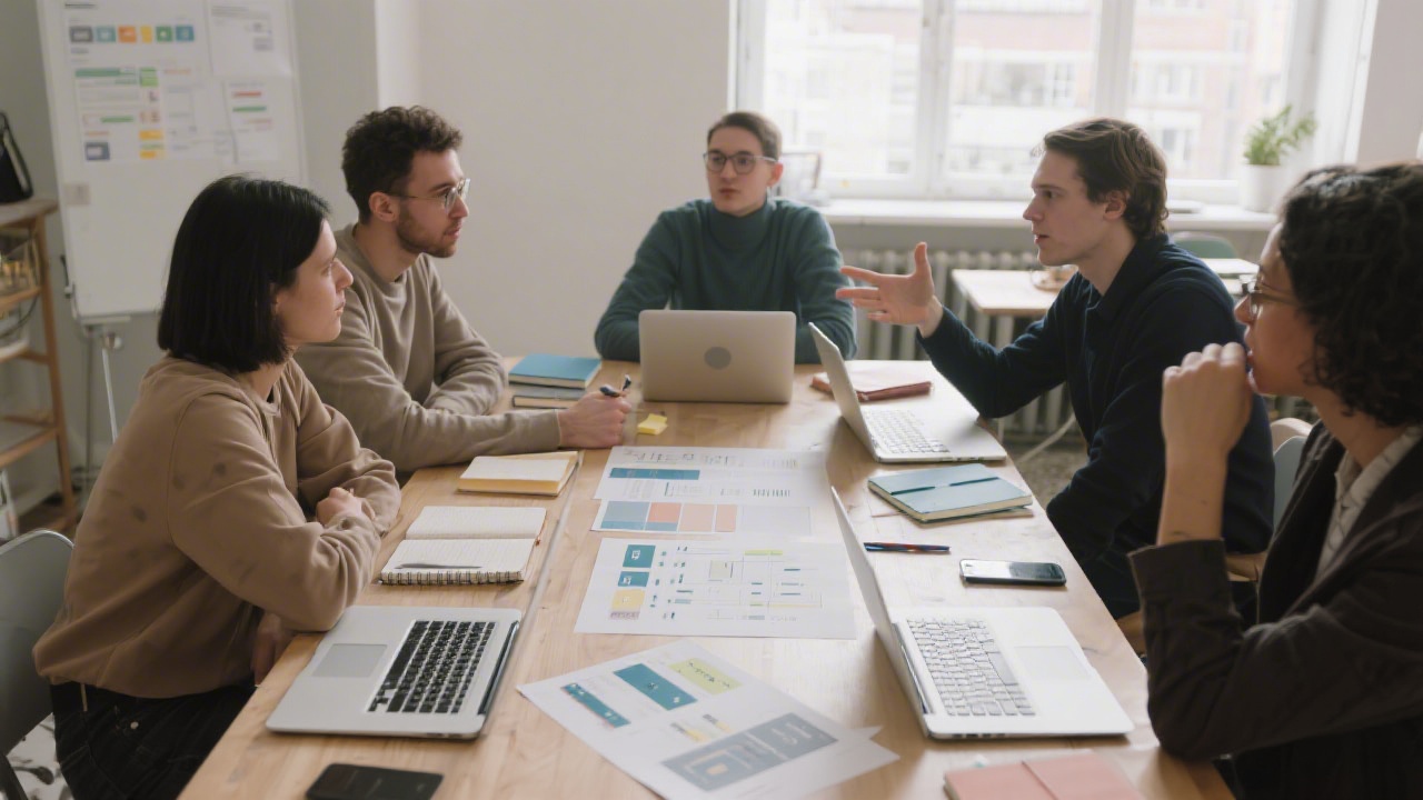 Small group of designers collaborating around a table with laptops, notebooks, and printed UI mockups, discussing layout and flow decisions in a focused workshop setting.